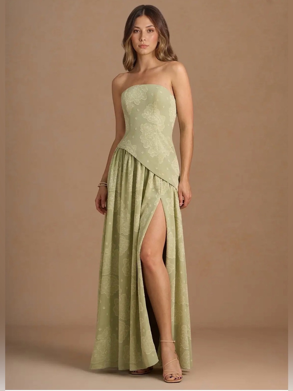 NWT Azazie Strapless Sage Green Lace Overlay Evening Dress